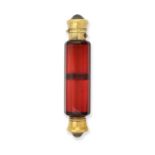 A Victorian Gilt-Metal Mounted and Intaglio Applied Red Glass Double Scent-Bottle by Sampson Mordan,