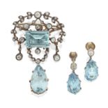 An Edwardian Aquamarine and Diamond Brooch and Drop Earring Suite