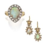 An 18 Carat Gold Opal and Diamond Cluster Ring and A Pair of Opal and Diamond Drop Earrings