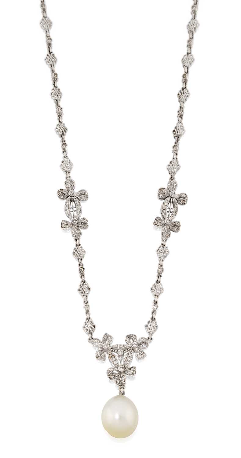 An 18 Carat White Gold Cultured Pearl and Diamond Necklace