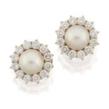 A Pair of 18 Carat Gold Cultured Pearl and Diamond Earrings