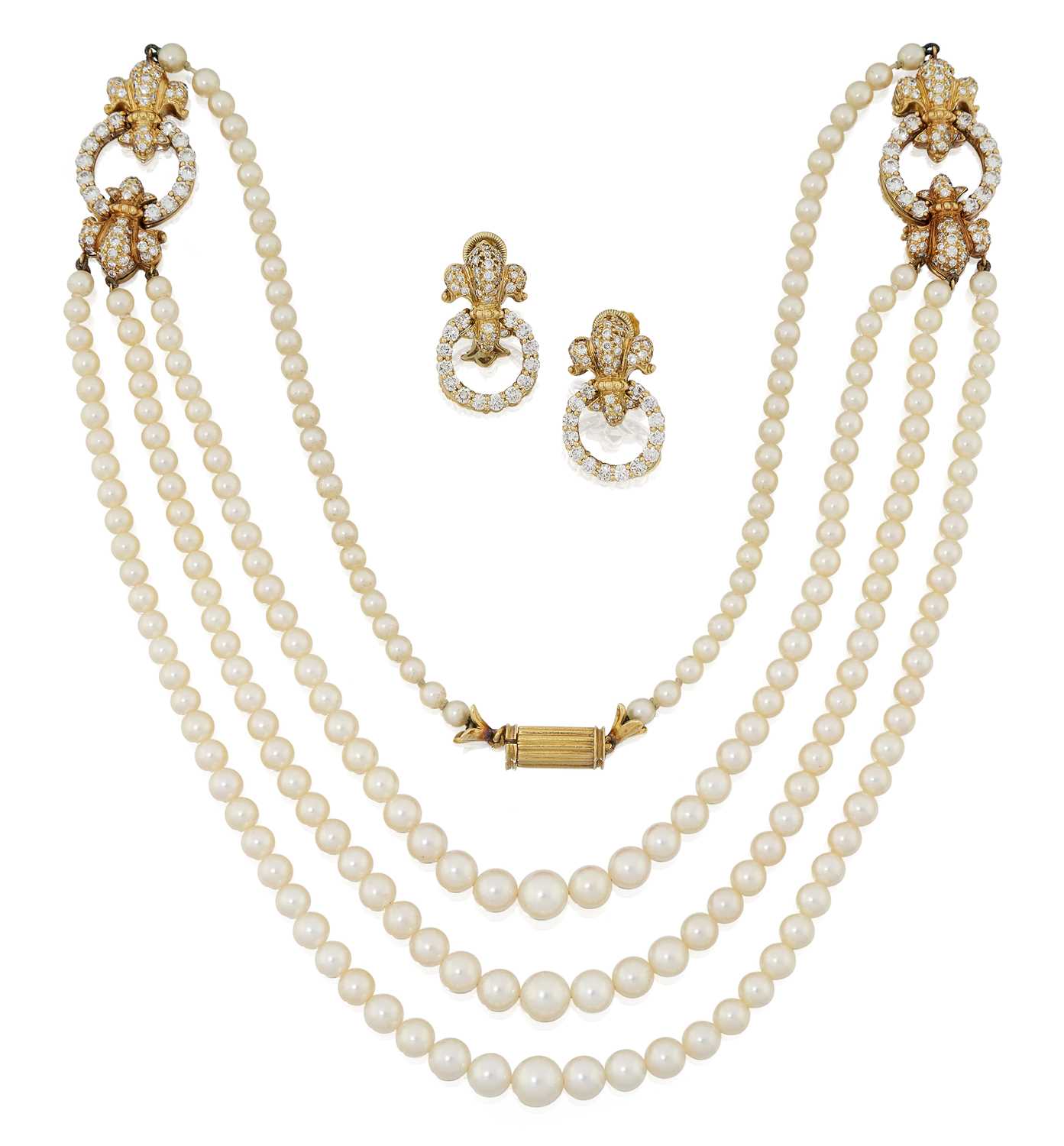 An 18 Carat Gold Cultured Pearl and Diamond Necklace, by Hennell and A Pair of Matching Drop Earring