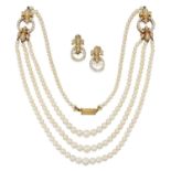 An 18 Carat Gold Cultured Pearl and Diamond Necklace, by Hennell and A Pair of Matching Drop Earring