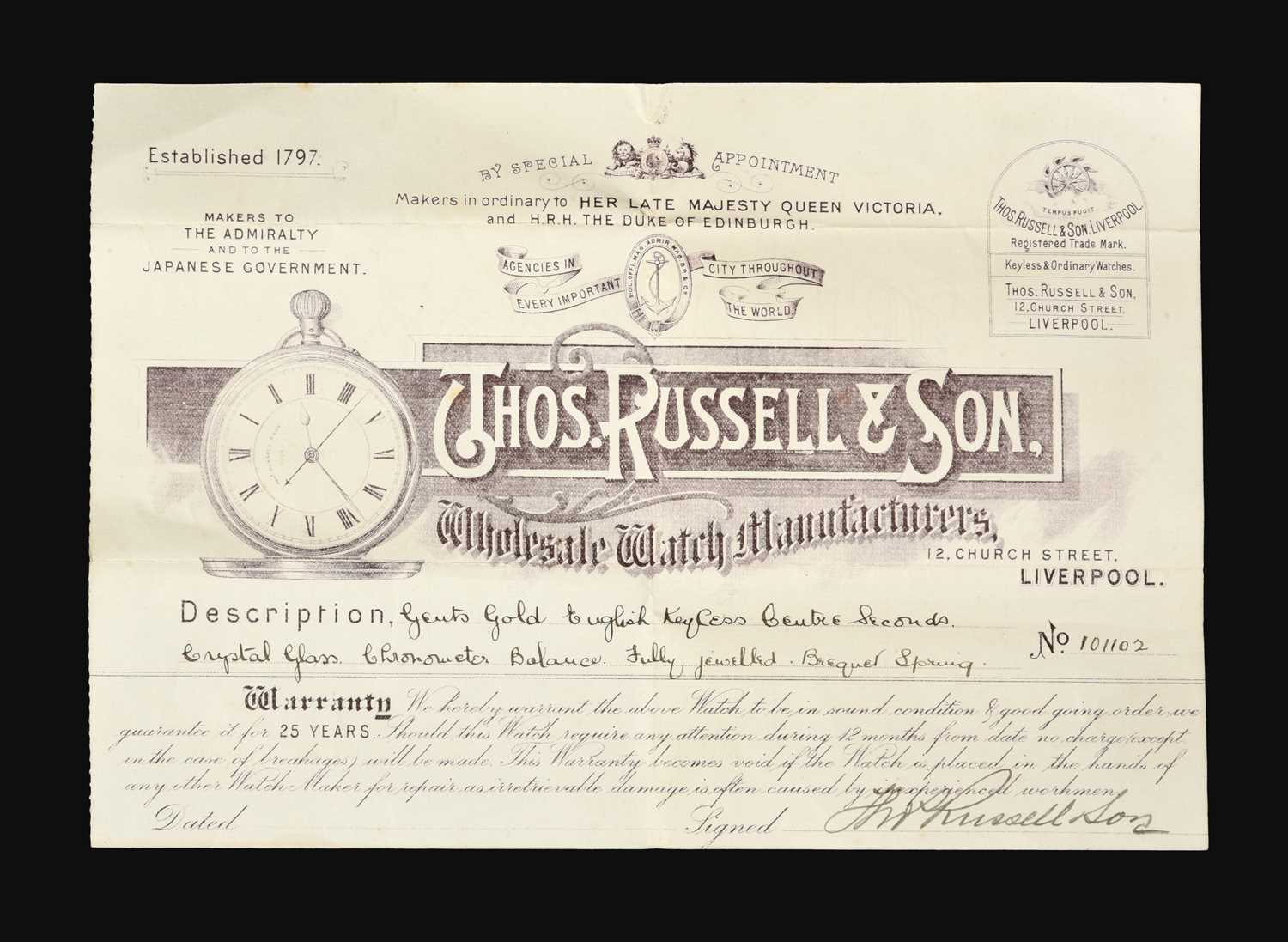 Russell & Son: An 18 Carat Gold Chronograph Pocket Watch Sold with the Original Warranty Paperwork s - Image 3 of 3