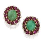 A Pair of Emerald, Ruby and Diamond Cluster Earrings
