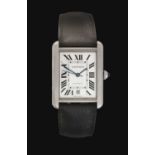 Cartier: A Stainless Steel Rectangular Shaped Automatic Calendar Centre Seconds Wristwatch signed Ca