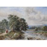 British School (19th century) River landscape with a mother and three children, with sheep and