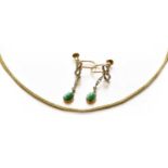 A 9 carat gold chain, length 48cm (clasp lacking); and a pair of turquoise and diamond drop