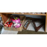 A group of resin snooker and pool balls, scoreboard light, triangles, chalks etc.