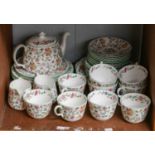 Minton Haddon Hall teaset for eightOne saucer cracked, all other pieces free from damage and repair.