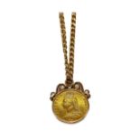 A Victorian half sovereign dated 1892 mounted as a pendant on trace link chain, pendant length 2.