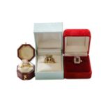 A 9 carat gold kunzite ring, finger size N; a 9 carat gold amethyst ring, finger size L1/2; and a