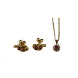 A pair of 18 carat gold ruby and diamond earrings, with post fittings; and a 9 carat gold ruby and