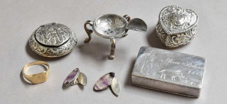 A Collection of Silver and Silver Plate Items, comprising: a silver heart-shaped box, stamped with