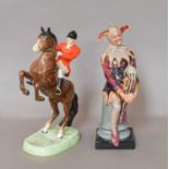 Beswick figure, rearing huntsman '868' ; Royal Doulton figure 'Jester' (2)Huntsman free from chips