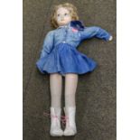 Circa 1930s Large Norah Wellings Felt Jointed Doll, with cotton torso, blond wig, blue painted