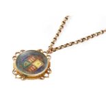 An enamel and gilt shilling coin pendant on chain, pendant length 3.9cm, chain length