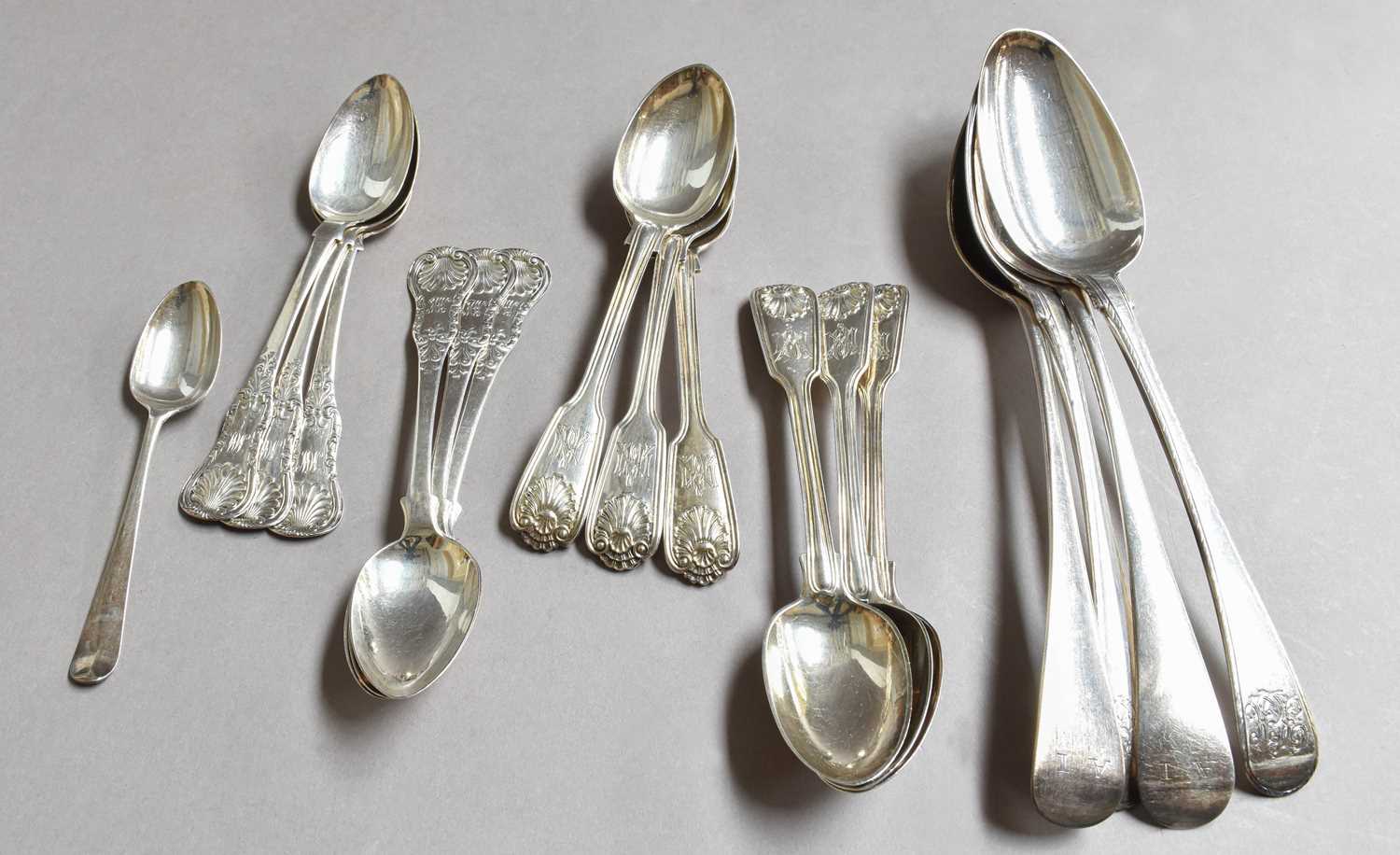 A Collection of Assorted George III and Later Silver Flatware, including: a pair of feather edge