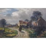 William Greaves (1852-1938) ''Traveller on a path before rural dwelling'' Signed oil on board, 28.