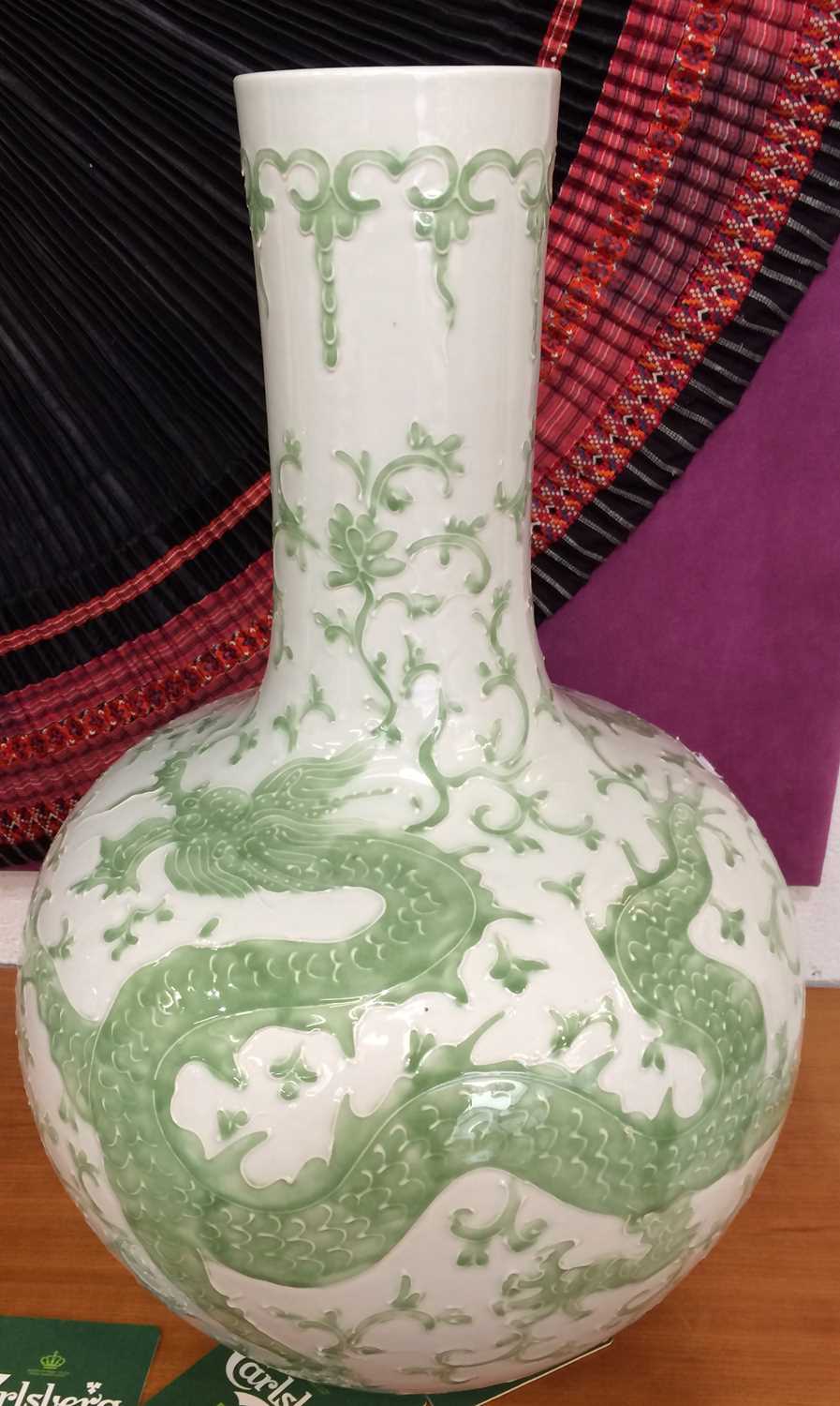 A pair of modern Chinese porcelain bottle vases, decorated with dragons and phoenix, bearing six - Image 3 of 13