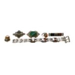 A small collection of hardstone jewellery, including a bracelet, Grolength 19.5cm; three brooches; a
