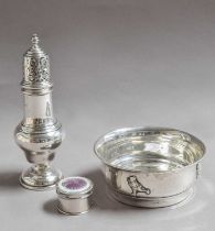 Three Silver Items, comprising: a caster, Birmingham, 1930, 18cm high; a bowl, the sides applied