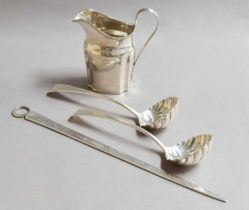 A pair of George III Silver Sauce-Ladles; a George III Silver Meat-Skewer and a George III Silver