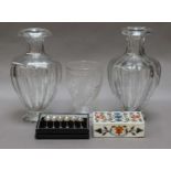 A pair of flat cut baluster shaped vases, another cut glass vase, a modern pietra dura box and a