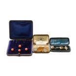 Four coral studs, unmarked; two pairs of mother-of-pearl and split pearl cufflinksStuds - 3.3 grams.