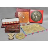 Chinese jade plaque, cased Chinese coins, cased porcelain masks, two Chinese compasses, lacquer box,