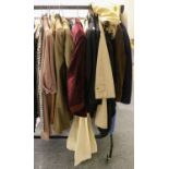 Assorted costume comprising a gents morning suit, plum coloured evening jacket, dinner suit, tail