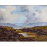 Lewis Creighton (20th century) Extensive dales landscape with sheep in heather Signed, oil on board;