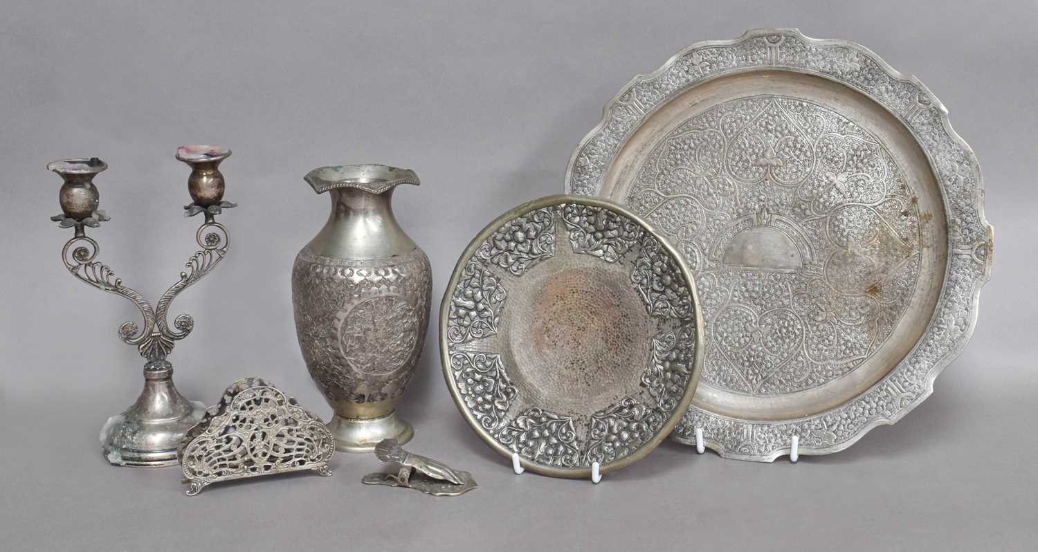 A Collection of Assorted Silver Plate and Metalware, including: a two-light candelabra, stamped '