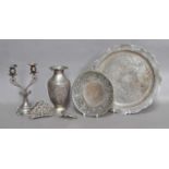 A Collection of Assorted Silver Plate and Metalware, including: a two-light candelabra, stamped '