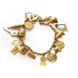 A trace link charm bracelet with a 9 carat gold padlock clasp, suspended with fifteen charms, length