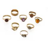 A 9 carat gold amethyst ring, finger size Q; a 9 carat gold diamond cluster ring, finger size I; a 9