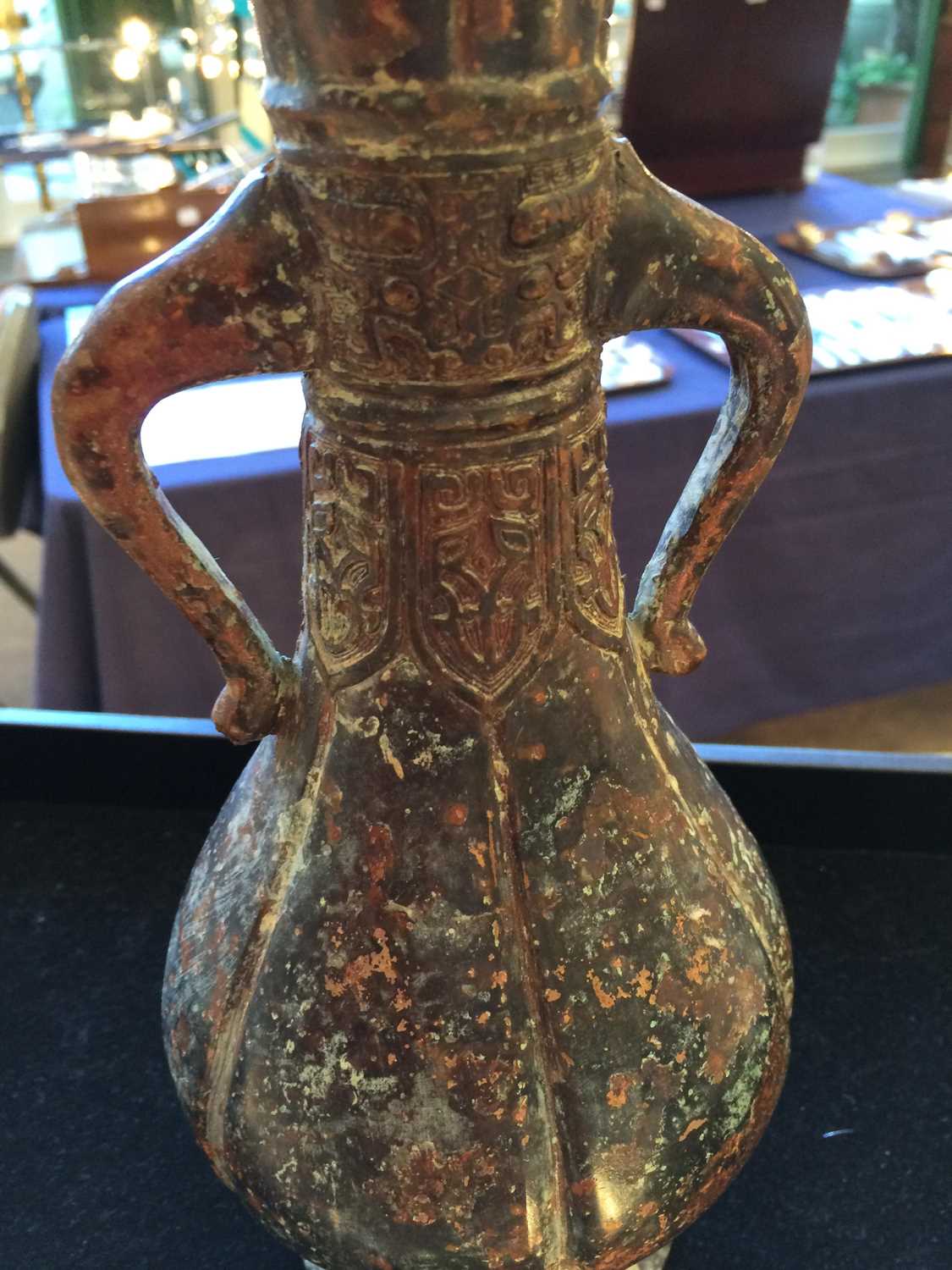 A Chinese bronze vase, in Archaic style, of fluted pear shape with twin handles and bands of taotie, - Image 11 of 11