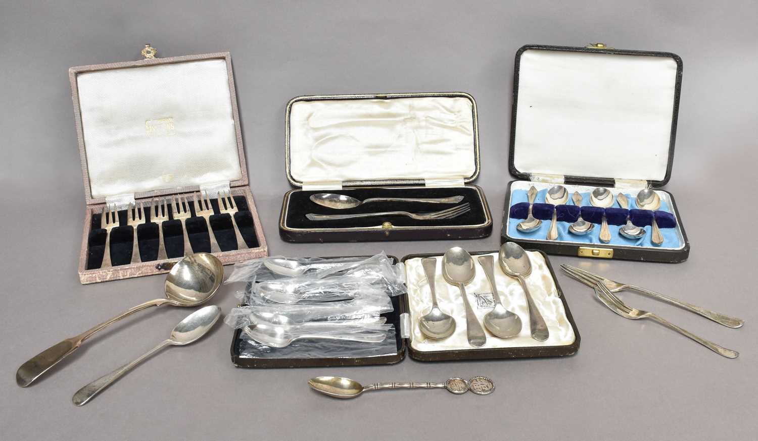 A Collection of Assorted Silver Flatware, including: a cased set of Hanoverian pattern teaspoons;