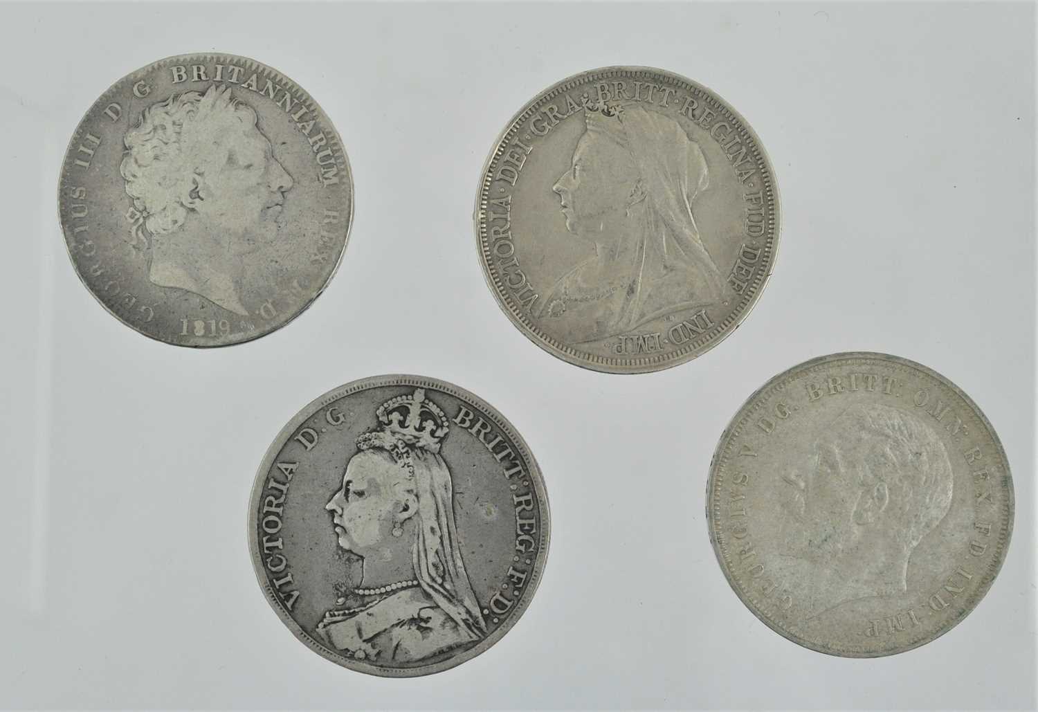 4 x Silver Crowns, to include: George III 1819 LX, possibly no stop after TUTAMEN, obv. laureate