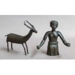 A Bronzed Figure of an Antelope, possibly Indian, 19th century, naively standing four-square, with