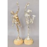 After Giambologna, a pair of silvered bronze figures Mercury and Fortuna, raised on sienna marble