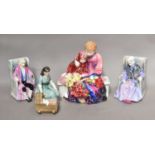 Four Royal Doulton figures, 'Flower Sellers Children' HN1342, 'Darby' HN1427, 'Joan' HN1422 (a/f)