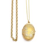 A 9 carat gold locket on chain, pendant length 4.2cm, chain length 46cm; and a 9 carat gold trace