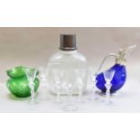 Paloma Picasso perfume bottle dummy factice, blue glass decanter, Loetz style green glass rose bowl,