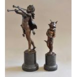 Two modern bronze figures in classical style, one depicts a Bacchanalian girl playing trumpets,