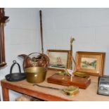 A set of fire tools on stand, a copper warming pan, a coal helmet, a chestnut pan, a jam pan, a