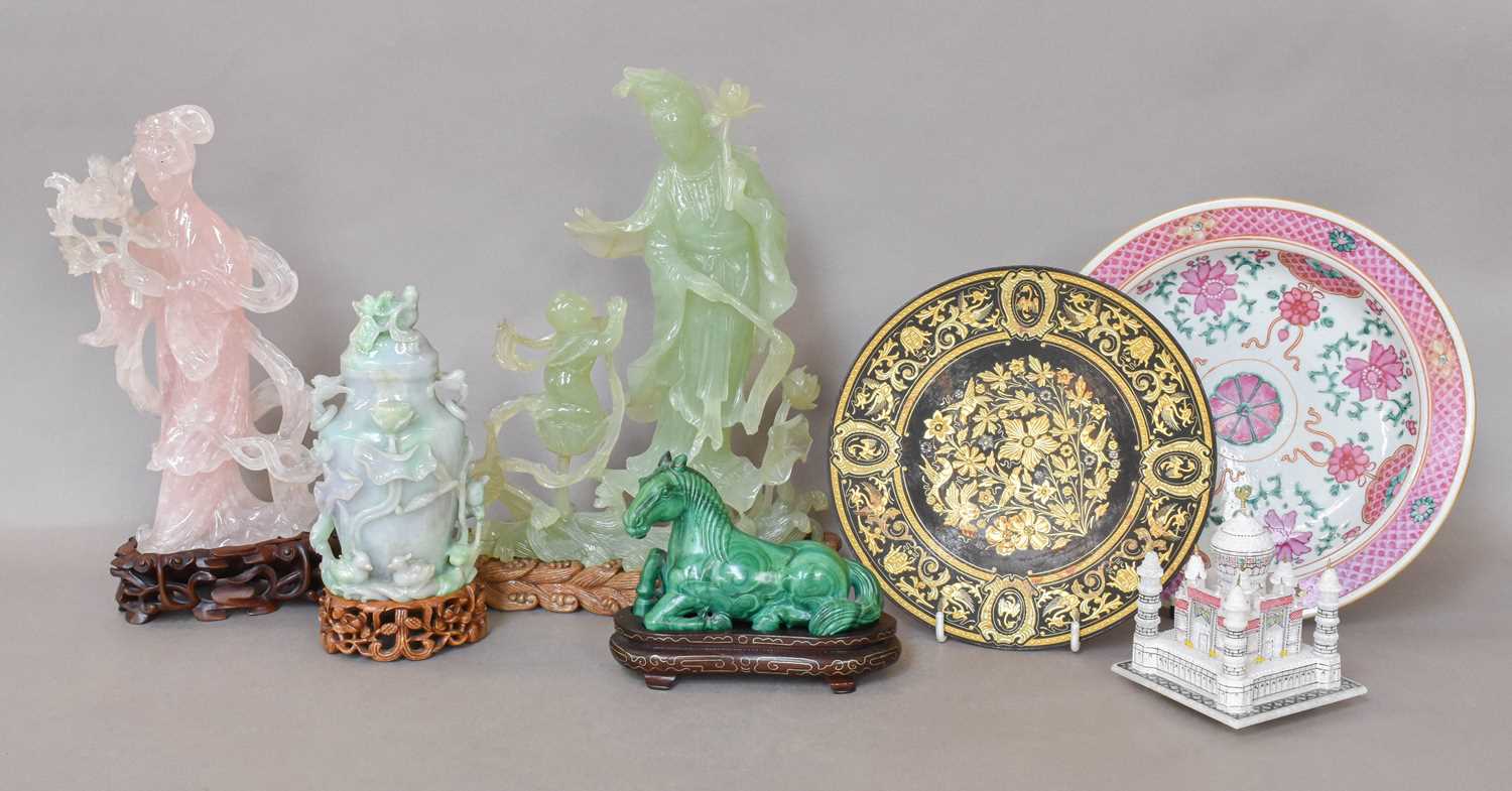 A 19th century Chinese famille rose dish, a modern Chinese carved malachite model of a recumbant