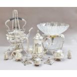 Group of silver plated items including a spirit kettle and pair of dwarf candlesticks etc