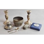 A pair of silver candlesticks, a silver inkwell, Tiffany & Co. sterling silver pen, 925 medallion,