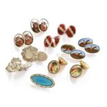 Five pairs of silver and gilt cufflinks; and an enamel brooch, length 2.9cm